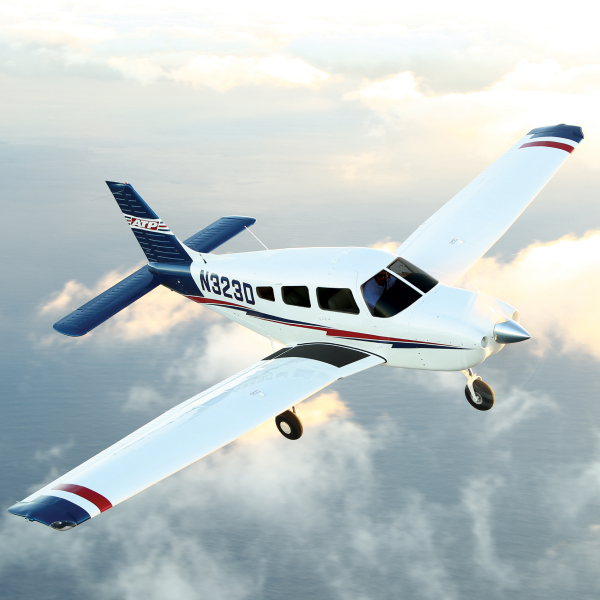 Piper Archer training aircraft flying above the clouds during an ATP Flight School training flight