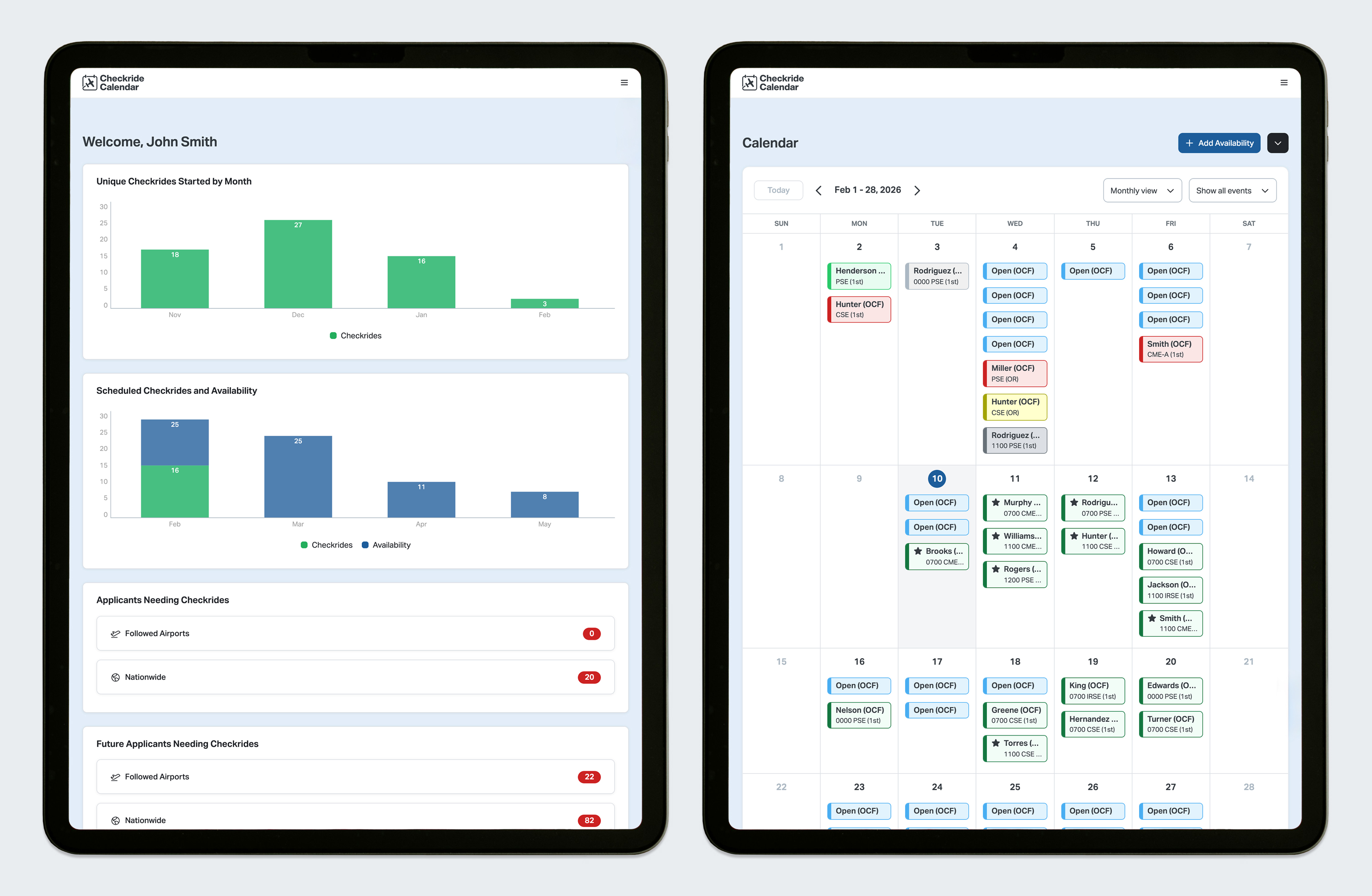Checkride Calendar displayed on iPad
